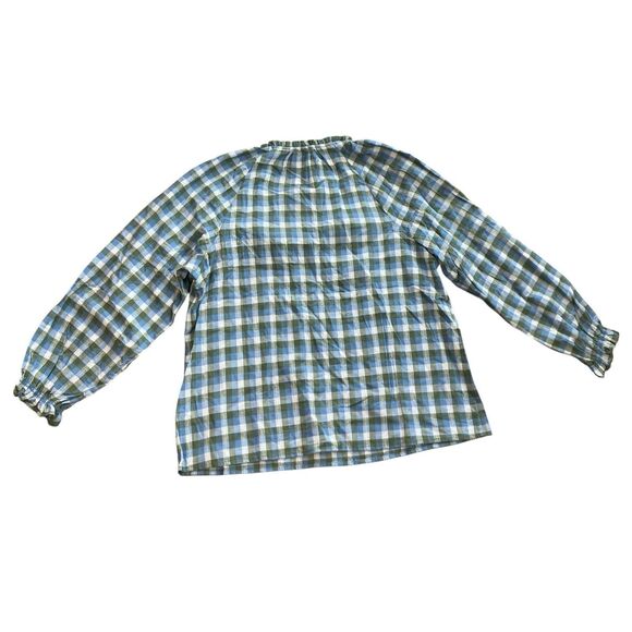 J Crew Blouse Womens M Green Tilly Plaid Artist Top Blue Ruffle Neck Boho Fall - Picture 8 of 9